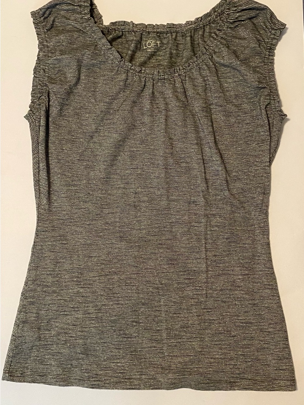 LOFT Gray Micro-Striped Ruffled Tank Top - Picture 3 of 6